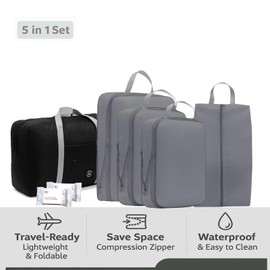 Compression Packing Cubes 5 Set for Travel, Luggage Organiser Bags with Shoe Bag and Foldable Duffle Bag, Suitcase Packing Cubes for Travel, Business Trip & Home Storage (Grey)