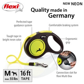 FLEXI® New Neon Retractable Reflect Dog Leash (Tape), Ergonomic, Durable and Tangle Free Pet Walking Leash for Dogs, 16 ft, Medium, Neon/Black