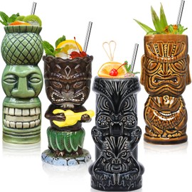 Tiki Glasses for Cocktails Tiki Mugs Set of 4 Ceramic Tiki Party Cups Bar Decor Creative Tiki Mug Set Large Hawaiian Glasses Tiki Drinking Bar Decorations Vintage Tropical Drinkware Barware 4 Packs