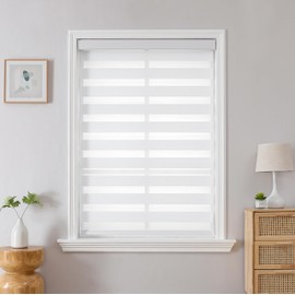 Joydeco Cordless Zebra Blinds for Windows, Dual Layer Light Control Window Blinds with Light-Proof Aluminum Cover, Free-Stop Roller Shades for Home & Office (White,34" W x 75" H)