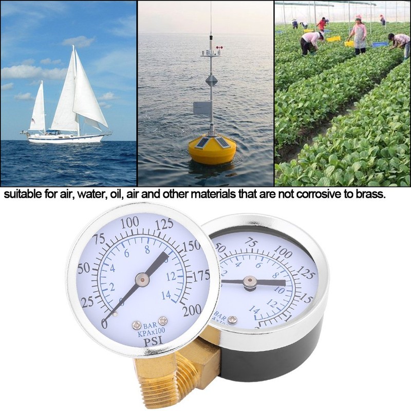 Air Compressor Pressure/Hydraulic Gauge, 1/4in NPT Brass Thread Side Mount,0-200psi
