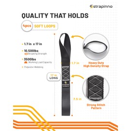 Strapinno 4pcs. Soft Loop Tie-Down Straps -1.7 in. x 17 in. Straps with 10,500lbs Breaking Strength and 3,500lbs Working Load Limit Each, Ideal for Securing ATV, UTV, Vehicles, and Other Equipment