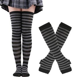 Womens Striped Knee High Socks Leg Arm Warmer Fingerless Gloves Set Party Cosplay Costume Accessories (Black grey stripe)