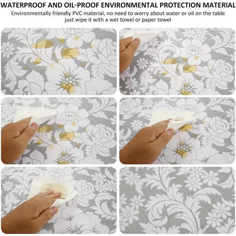 GRISHA Waterproof Round Tablecloth,Elastic Edged Fitted,Oilcloth,PVC,Wipeable,Outdoor circular plastic cover,Gray Flowers
