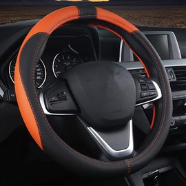Pahajim Steering Wheel Cover, Universal 15 Inch/38CM, Soft Leather, Faux Leather, Black-Orange, Car, Sport Style, Durable, Comfort for Women Men