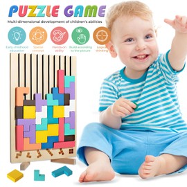 Tetris Wooden Game, Tetris Game, Wooden Stacking Puzzle Toy, Wooden Montessori Games 3 4 5 6 Years, Educational Toy for Children Jigsaw Block Puzzle Gift Children with 10 Cards