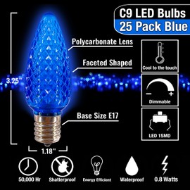 MIK Solutions - Bombilla LED de repuesto C9 de Mik Solutions más vendida (paquete de 25) bombillas LED azules de repuesto de Navidad facetadas con forma de vela, grado comercial E17 Socket Bombillas de techo