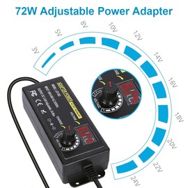 72W Power Supply Adjustable DC 3V ~ 24V Variable Universal Switching AC/DC Adapter 100V-240V AC to DC Converter with LED Voltage Display and 14 Tips, for 3V to 24V Household Electronics - 3000mA Max