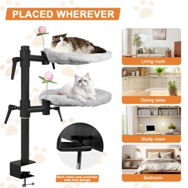 Haijunnm 2 Tier Cat Desk Bed - 360°Rotating & Adjustable - Supports up to 44 Lbs - with Replaceable Bed Net - Removable & Washable - Modern Indoor Cat Furniture for Office Desks and Game Tables