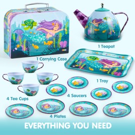 JOYIN Mermaid Tea Party Set for Little Girls, Pretend Tin Teapot Set, Princess Tea Time Play Kitchen Toy with Teapot, Cups, Plates, Carrying Case for Christmas Birthday Gifts Kids Toddlers Age 3 4 5 6