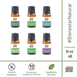 Set de 6 Aceites Esenciales Naturales 100% Puros – Aromaterapia y Meditación | Difusor, Piel, Masajes – bienestar NEEM ERFRE 10ml c/u