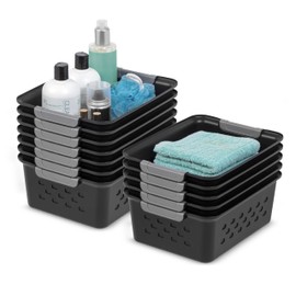 IRIS USA Plastic Storage Baskets, 12-Pack, Made in USA, Shelf Baskets Small Baskets Organizing Bins For Pantry Countertops Closet Shelves Office, Muti-Purpose, Nestable, Easy Carry, Black