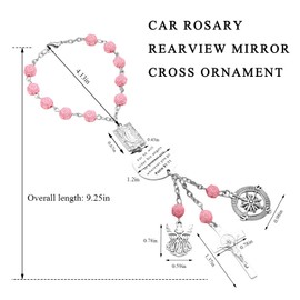 ZNDAW Car Rosary for Rearview Mirror, Cross Charm Religious Auto Mirror Hanging Ornament with Rose Beads, Blessing Pendant Psalm 91: 11 Bible Verse Interior Decor for New Driver