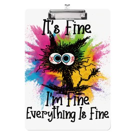 ENXOWM Everything is Fine l'm Fine Cat Clipboard Standard A4 Letter Size 12.5 x 8.7 Plastic Clipboard Low Profile Clip Retractable Hanging Tab Decorative Clipboard