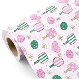 WRAPAHOLIC Preppy Pink Pickleball Wrapping Paper - Mini Roll - 17 Inch x 9.8 Feet - Pink Picklebal Paddle Girl Wrapping Paper Perfect for Girls Birthday, Sports Party, Coach Gift