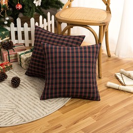 Qelus Christmas Cushion Covers set of 4, Tartan Scottish Throw Pillow Cases, Plaid Check Pillow Covers 45 x 45 cm, Soft Cotton Polyester for Car Sofa Bedroom Xmas Decoration, 18x18 Inch, Red Black