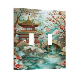 PPZCXWP Asian Palace Traditional Bridge Cherry Blossoms Light Switch Covers Double Toggle 2 Gang Wall Plate Dual Decorative Switchplate Electrical Faceplate for Farmhouse Decor
