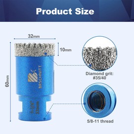 1-1/4 Inch Diamond Core Drill Bit for Porcelain Tile Ceramic Marble Granite Drilling,BRSCHNITT 1pc Vacuum Brazed Diamond Hole Saw with 5/8-11 Thread