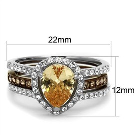 Marimor Jewelry 2.08 Carat Pear Cut Champagne Zirconia Two Toned Stainless Steel Wedding Ring Set Size 7