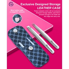 Valentine's Day Gifts for Her, GF, Wife, Sister, Mom and Friend, GlamTweeler Expert Slant and Point Tip Tweezer Set with Exclusive Leather Case & Nice Packing Box (Sparkle Silver)