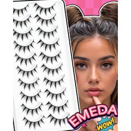 Spiky False Lashes Manga Eyelashes - False Lashes Natural Look Wispy Anime Asian D Curl Strip Lashes 10 Pairs Cotton Band Fake Lashes by EMEDA(14mm #11)