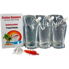 CRUISE RUNNERS Cruise Ship Flask Kit Sneak Alcohol Rum Runners for Cruises Hide Liquor Smuggle Booze Plastic Pouch Bags Travel Funnel 3 x 32oz