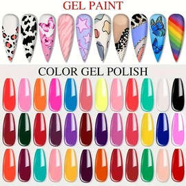36 Colors Nail Art Gel Paint Kit - Nail Art Kit Colored Nail Gel Set with 15pcs Painting Nail Brushes