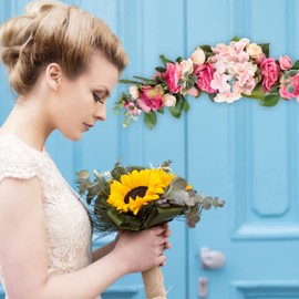 LIFKOME Artificial Rose Flower Swag Green Leaves Rose Flowers Door Wreath Decorative Swag for Wedding Arch Front Door Wall Decor Pink