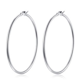 BIYONGDE Womens Stainless Steel 55MM Large Hoop Earrings, Silver Color, Huggie Hinged Big Hoop Earrings,Classic Party Style