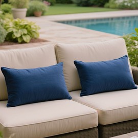 FEVERQIYI Outdoor Waterproof Blue Pillow Covers 12x20 for Patio Decorative Linen Textured Farmhouse Outdoor Pillow Cases Set of 2 for Spring Summer Season (No Inserts)
