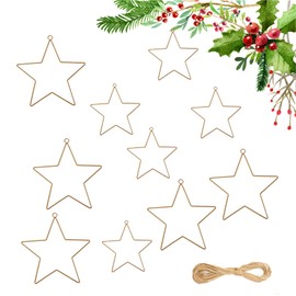 Pack of 10 Metal Ring Stars, 20 cm and 15 cm Metal Stars with 10 m Jute String, Christmas Decoration in Star Shape, DIY Dream Catcher, Gold Metal Star Set for Ceiling Decoration, Window Decoration,
