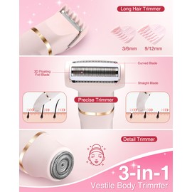 Bikini Trimmer for Women - 3-in-1 Painless Electric Razor Shaver,IPX7 Waterproof&Easy Cleaning for Pubic Hair,Face,Body with Ceramic Blades,USB Rechargeable,Wet&Dry Use(Peach)