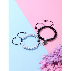 Top Plaza 2pcs Matching Couples Bracelets Relationship Bracelets for Lover Crystal Black Agate White Turquoise Best Friend Friendship Bracelet Him & Her Valentine's Day Gifts #Style 1