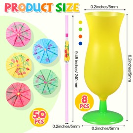 Teenyyou 8 Neon Colored 14 oz Hurricane Plastic Cups and 50 Umbrella Straws Hurricane Glasses Long Cocktail Drink Umbrellas Hawaiian Beach Cocktail Luau Party Supplies Tropical Summer Decorations