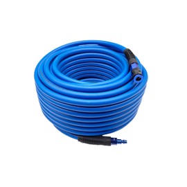 SYXQT Hybrid Air Hose 3/8-Inch x 100FT，Air Compressor Hose 300 PSI Heavy Duty, Lightweight, Kink Resistant, All-Weather Flexibility with 1/4-Inch Industrial Air Fittings and Bend Restrictors,Dark Blue