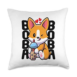 Adorable Corgi Doggy Furry Mammals Pedigree Canine Kawaii Boba Dog Corgi Drink Cute Anime Bubble Tea Heart Throw Pillow, 18x18, Multicolor