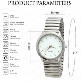 Blekon Collections Women's 35mm Case Solid Colored Dial Silver Ladies Stretch Band Wrist Watch (White)