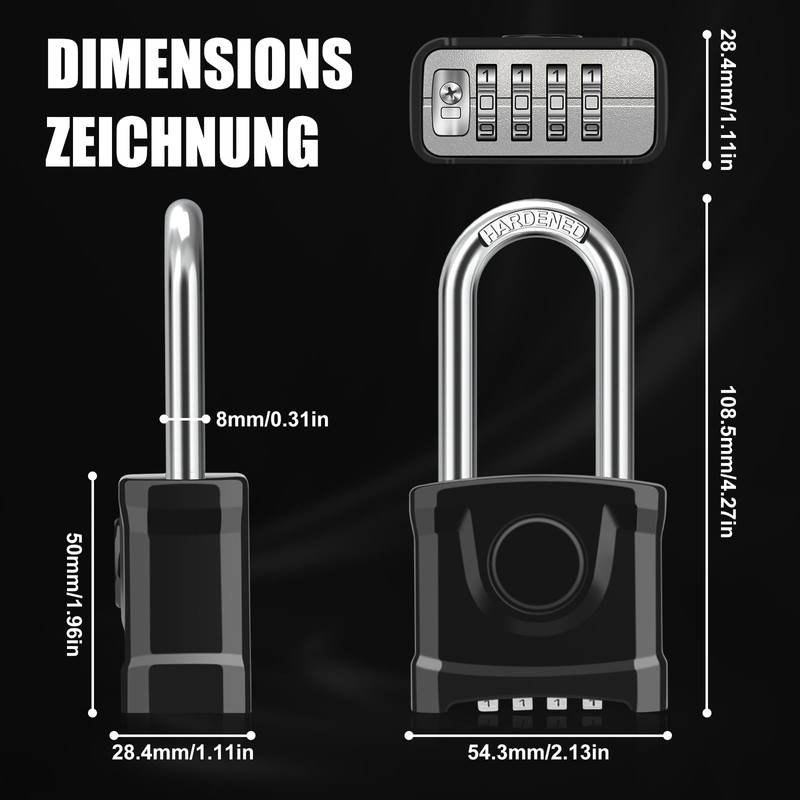 Heavy Combination Lock with Long Shackle, Weatherproof Outdoor Anti-Theft Security