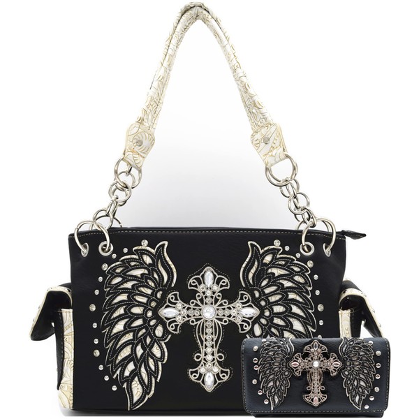 Western Style Rhinestone Cross Studded Laser Cut Wings Tooled Leather