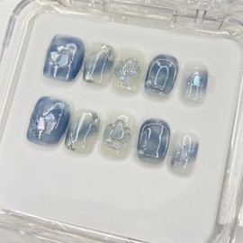 Handmade Press on Nails Shell False Nails White Pearl Press on Nails Short Square Fake Nails Designs Full Cover Artificial Gradient Blue Acrylic Glue on Nails for Women Girls Stick on Nails (Size S)