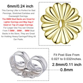 4 Pairs 925 Sterling Silver Magic Earring Lifters Hypoallergenic Earring Backs Replacement Earring Backs for Locking Ear Backs Women's Pierced Earrings Safety Lock White and Gold,6.5 * 5.5mm