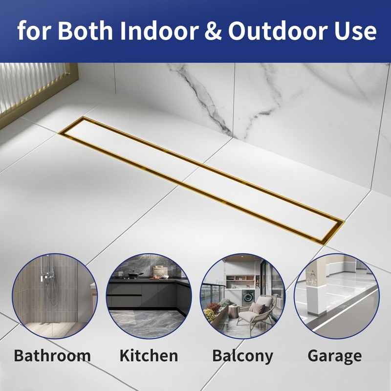Bernkot Linear Shower Drain 18", Brushed Gold Floor Drain with