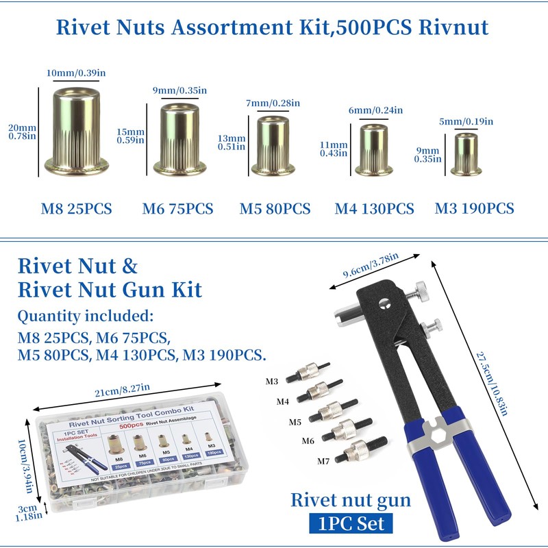 Rivet nut Tool kit,rivnut Tool,500Pcs Metric Rivet Nut Combination (M3/M4/M5/M6/M8)