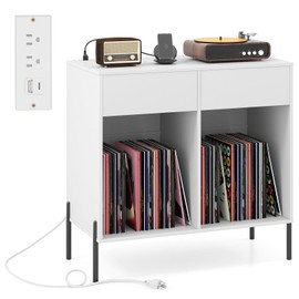 Giantex Large Record Player Stand with Charging Station, Mid Century Wood Turntable Stand with 2 Storage Drawers & Compartments, Vinyl Record Storage for Living Room (White)