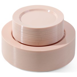 ROCOHANTI 100 PCS Pink Plastic Plates, Plastic Disposable Plates Include 50 Dinner Plate and 50 Dessert Plate Perfect for Holiday, Birthday, Wedding & Party