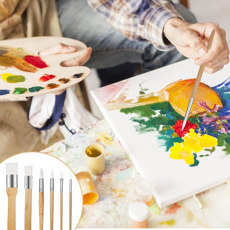 Set of 6 Artist Paint Brushes, Wooden Paint Brushes and