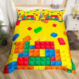Feelyou - Juego de ropa de cama con estampado de bloques de construcción, tamaño individual, juego de funda de edredón para niños, adolescentes, colorida, funda de edredón transpirable, color