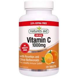 Natures Aid Low Acid Vitamin C 1000mg with Rosehips & Bioflavonoids 120 Tablets