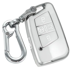 Kirsnda for Volkswagen key fob cover,case with keychain,Soft TPU Protection key case/skin,5 Buttons compatible with VW Tiguan Atlas Jetta Passat Golf Alltrack Remote Key(White)