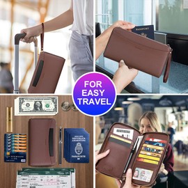 nuoku Passport Holder, RFID Blocking Passport Wallet with Zipper 2 Straps, Travel Document Organizer for Family, Coffee
